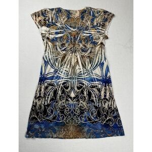 Live and Let Live Boho Beaded V-Neck Scroll Print Dress Women's Size L